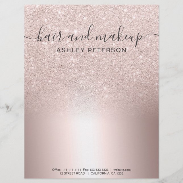 Makeup hair Rose gold glitter ombre metallic foil Custom Letterhead (Front)