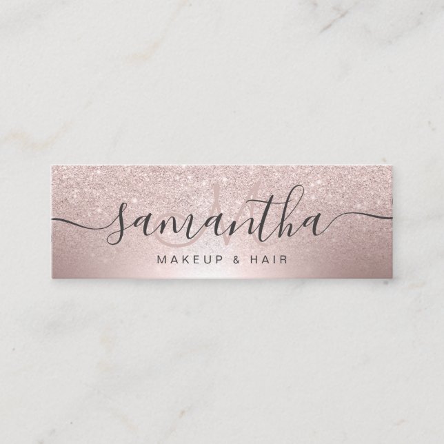Makeup hair Rose gold glitter ombre metallic foil Mini Business Card (Front)