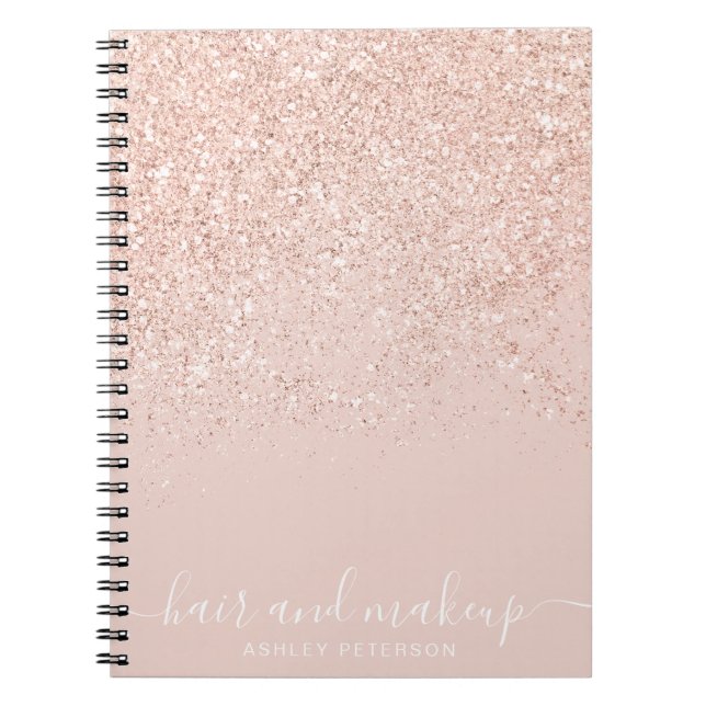 Makeup hair rose gold glitter pastel blush pink notebook (Front)