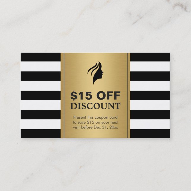 Makeup Hair Salon Coupon Gold Black White Stripes (Front)