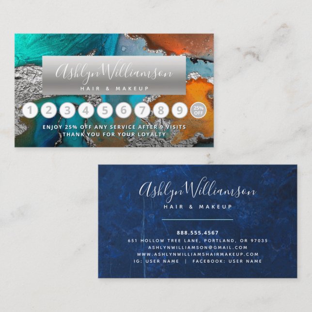 Makeup hair salon silver blue agate watercolor  loyalty card (Front/Back)