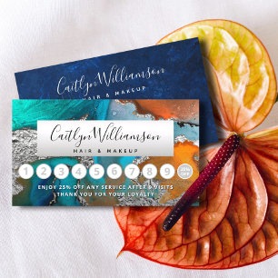 Makeup hair salon silver blue agate watercolor  loyalty card