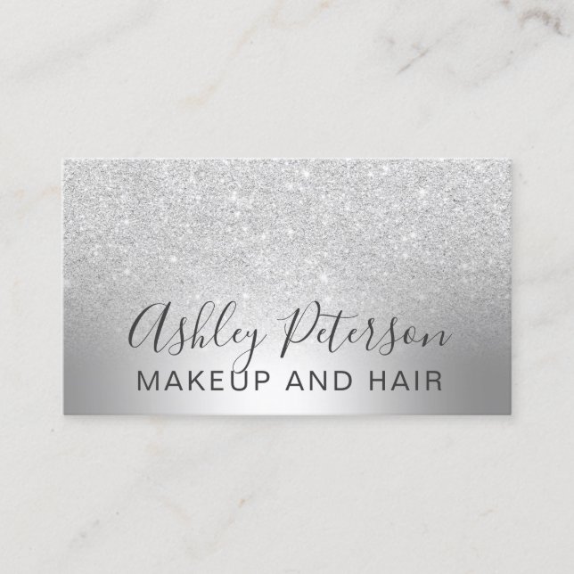 Makeup hair silver glitter ombre metallic foil business card (Front)