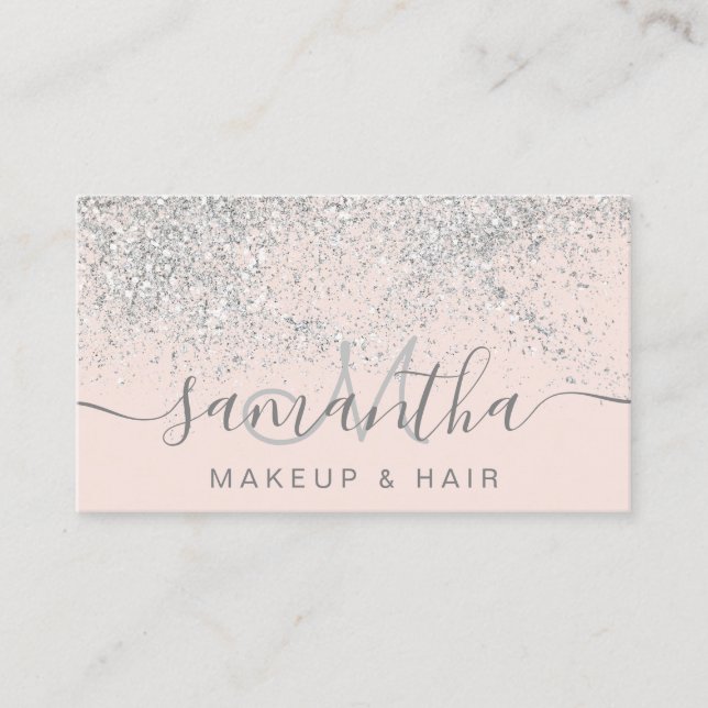 Makeup hair silver glitter pastel blush pink business card (Front)