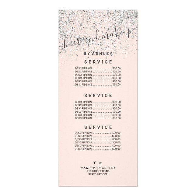 Makeup hair silver glitter pastel blush pink price rack card (Front)
