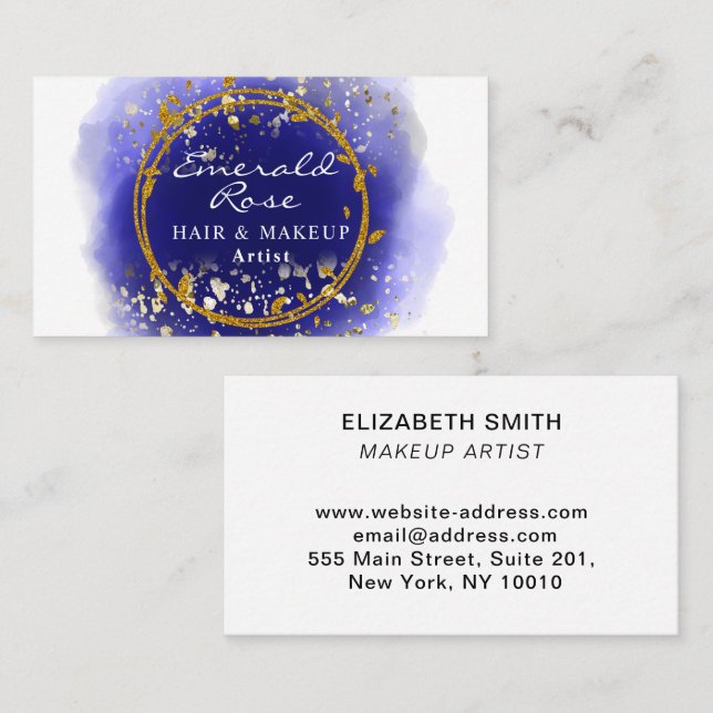 Makeup & Hair Stylist Artist Script blue and Gold Business Card (Front/Back)