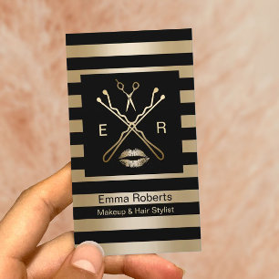Makeup & Hair Stylist Elegant Black & Gold Stripes Business Card