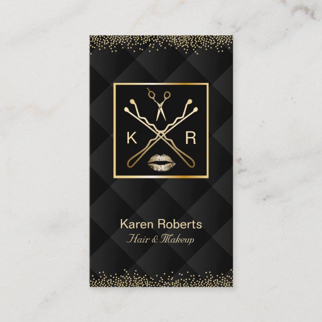 Makeup & Hair Stylist Luxury Gold Black Quilted Business Card (Front)