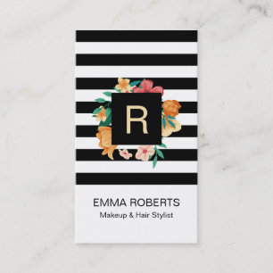 Makeup & Hair Stylist Modern Flower & Stripes Business Card