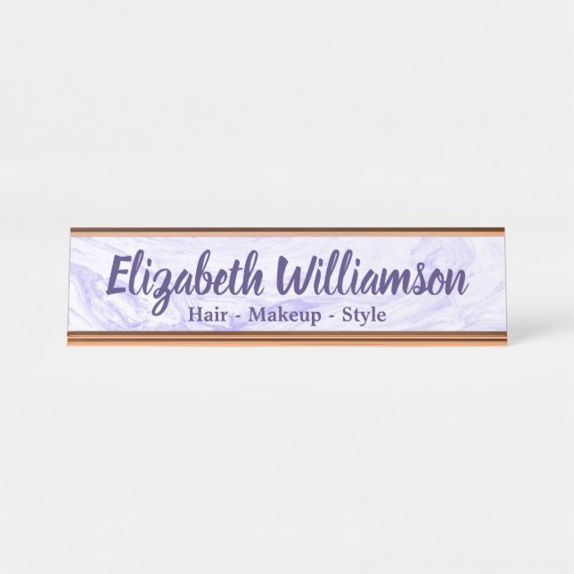 Makeup Hair Stylist Modern Purple Marble Monogram Desk Name Plate (Front)
