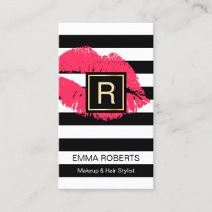 Makeup & Hair Stylist Red Lips Modern Stripes Business Card