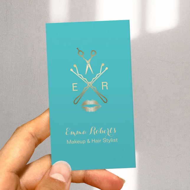 Makeup & Hair Stylist Turquoise Gold Scissor Lips Business Card (Creator Uploaded)