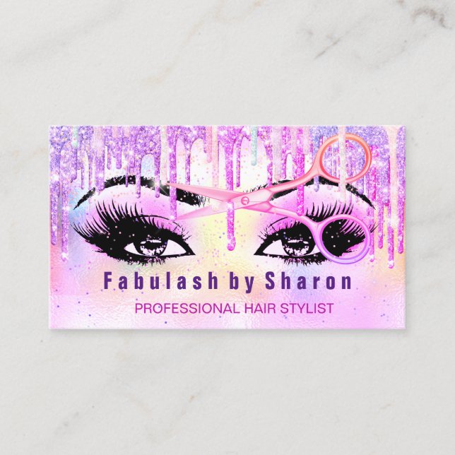 Makeup Hairdresser Holograph Unicorn Drips Pink Business Card (Front)