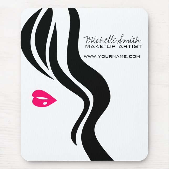 Makeup Icon Woman face in black white pink lips Mouse Mat (Front)