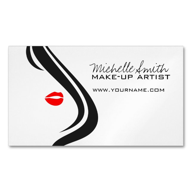 Makeup Icon Woman face in black white red lips Magnetic Business Card (Front)