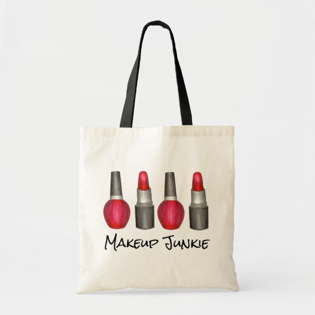 Makeup Junkie Red Lipstick Nail Polish Beauty Tote Bag (Front)