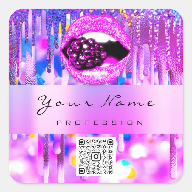 Makeup  Kiss Lip Holograph Drip Berry QRCODE LOGO  Square Sticker (Front)