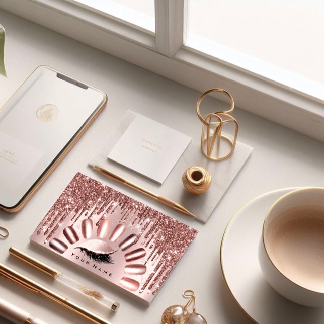 Makeup Lashes Glitter Rose Nails  Manicure Brown Business Card (Makeup Lashes Glitter Rose Nails Manicure Brown Business Card)