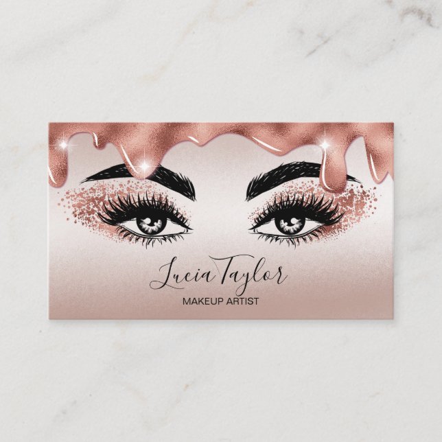 Makeup Lashes Rose Gold Glitter Drips Business Card (Front)