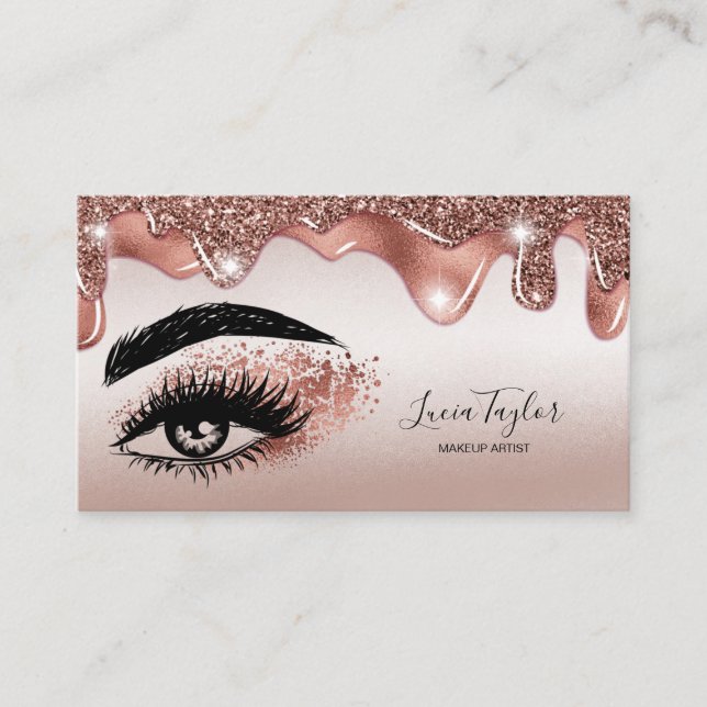Makeup Lashes Rose Gold Glitter Drips Business Card (Front)