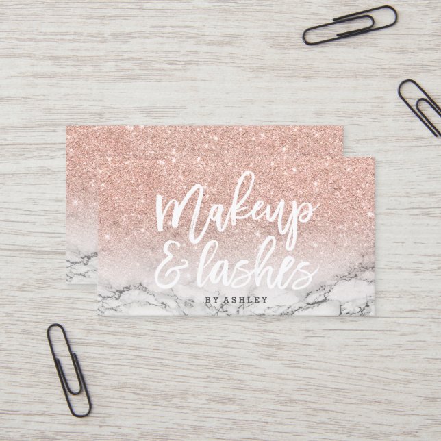 Makeup lashes typography rose gold glitter marble business card (Front/Back In Situ)