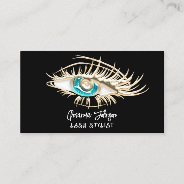 Makeup Logo Blue Black White Gold Eyelash Qr Code  Business Card (Front)