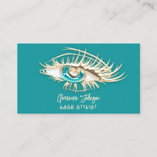 Makeup Logo Blue Gold Eyelash Qr Code Ivory Teal Business Card (Front)