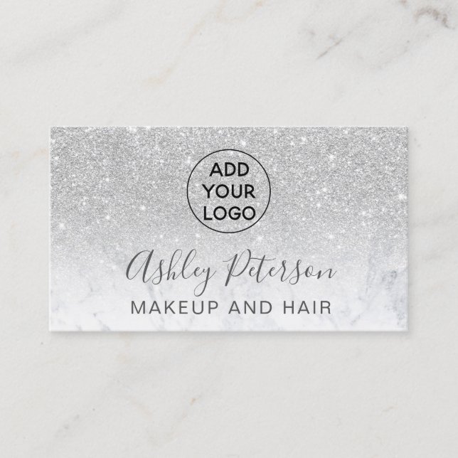 Makeup logo typography marble silver glitter business card (Front)