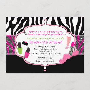Makeup Makeover Zebra Birthday Party Invitation