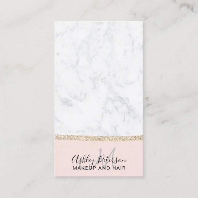 Makeup marble champagne glitter monogram blush business card (Front)