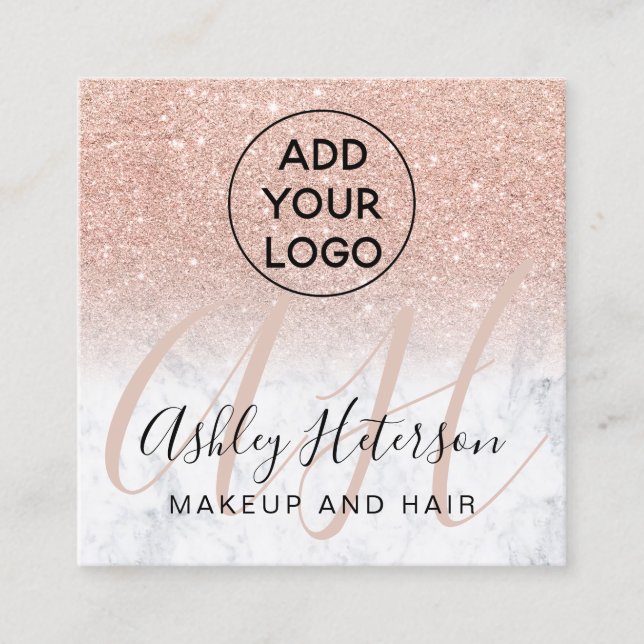 Makeup marble rose gold glitter logo monogram square business card (Front)