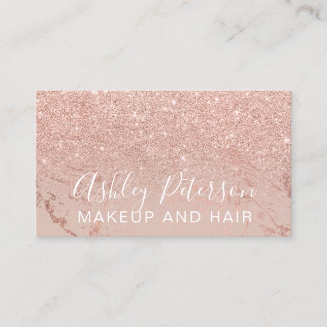 Makeup marble typography blush rose gold glitter business card (Front)