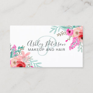 Makeup mint pink floral watercolor trendy monogram business card