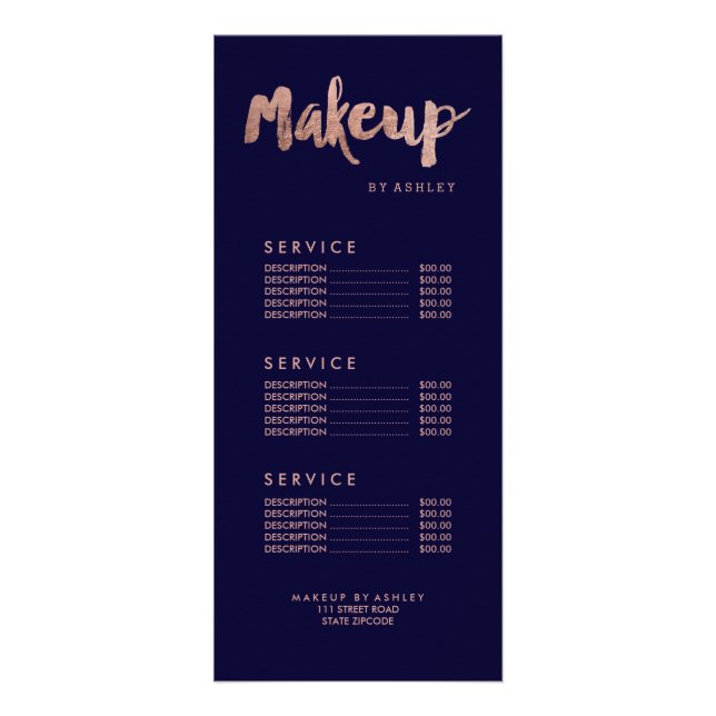 Makeup modern gold typography navy blue price list rack card (Front)