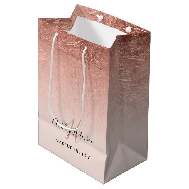 Makeup monogram blush pink rose gold foil script medium gift bag (Front Angled)
