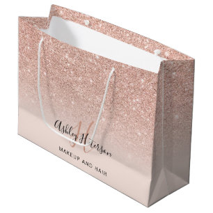 Makeup monogram blush rose gold glitter script large gift bag