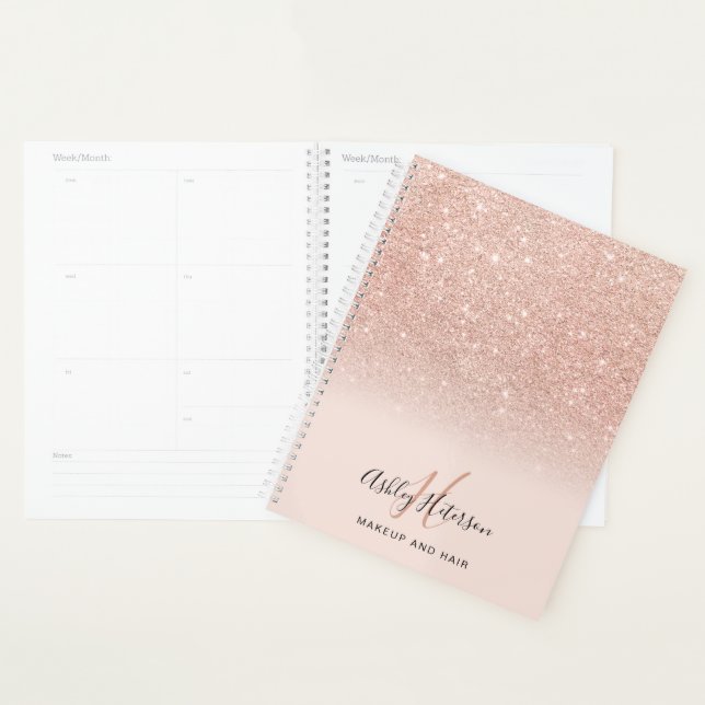 Makeup monogram blush rose gold glitter script planner (Display)