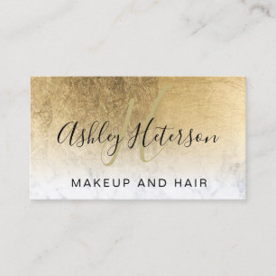 Makeup monogram chic gold foil marble script business card