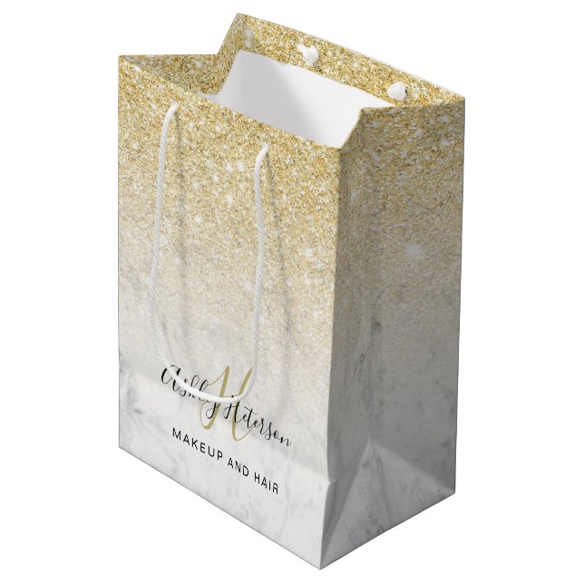 Makeup monogram marble chic gold glitter script medium gift bag (Front Angled)