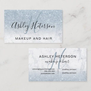 Makeup monogram marble ice blue glitter script business card