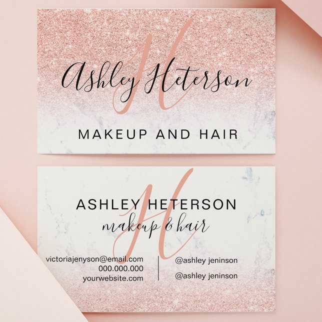 Makeup monogram marble rose gold glitter script business card (Creator Uploaded)