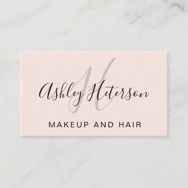 Makeup monogram pink minimalist elegant script business card (Front)