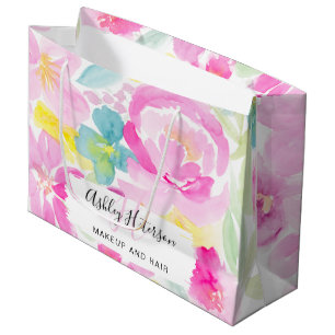 Makeup monogram pink yellow floral watercolor large gift bag