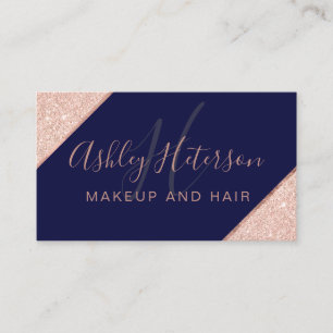 Makeup monogram rose gold glitter stripe navy blue business card