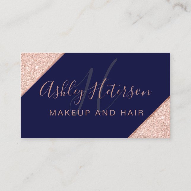 Makeup monogram rose gold glitter stripe navy blue business card (Front)