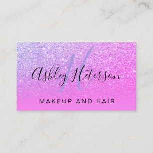 Makeup monogram script pink purple glitter neon business card