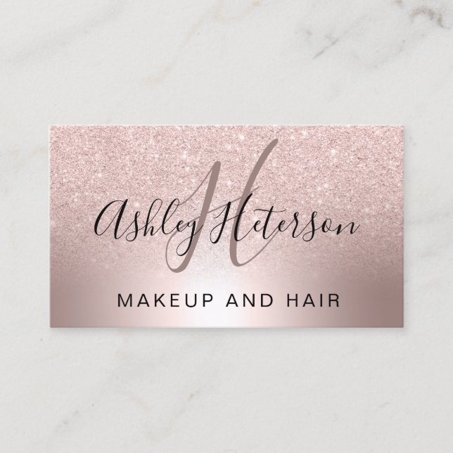 Makeup monogram script rose gold glitter metallic business card (Front)