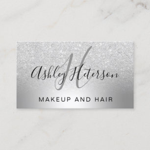 Makeup monogram script silver glitter metallic business card