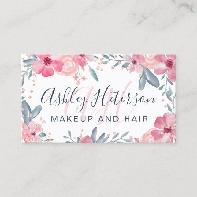 Makeup monogram script spring floral watercolor business card (Front)