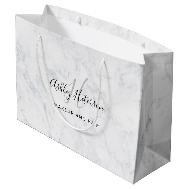 Makeup monogram white marble script typography large gift bag (Back Angled)